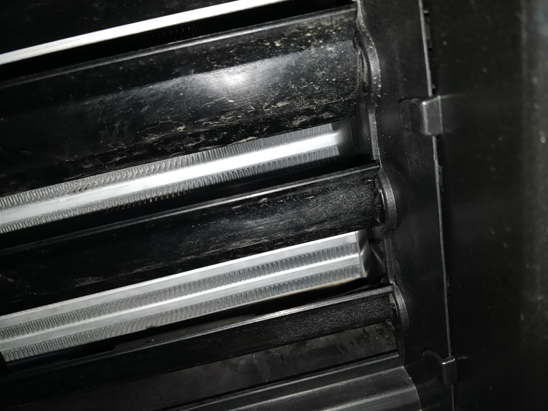 View of the active-aero louvers in front of the intercooler (which being naked aluminum, shows them up better than the radiator)